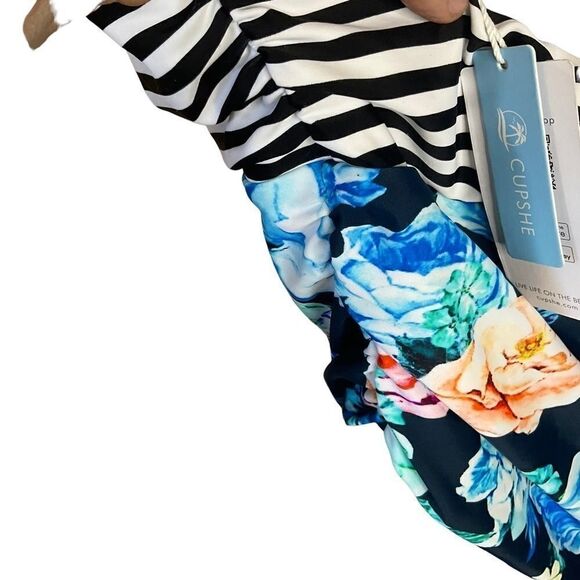 CUPSHE One-Piece Swim Suit Floral Stripes Deep V Halter Style Open Back Size L - Picture 12 of 14